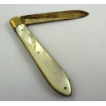 A SILVER FRUIT KNIFE with mother of pearl handle