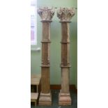 TWO PART 19TH CENTURY PAINTED AND CARVED WOOD COLUMNS, having associated stepped stone bases, and