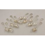 MIXED MAKERS A COMPOSITE OF TWELVE GEORGIAN AND VICTORIAN SILVER FIDDLE PATTERN DESSERT SPOONS,