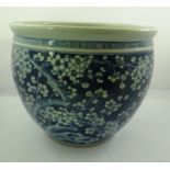 A 20TH CENTURY CHINESE PORCELAIN JARDINIERE all over decorated in Kangxi style underglaze blue and