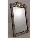 A FILIGREE SILVER MOUNTED EASEL BACKED TABLE MIRROR with vacant cartouche, set on blue velvet,