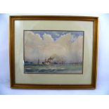 ARTHUR BOND A freighter in an estuary with a warship beyond and sailing boats, Watercolour,