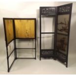 A 19TH CENTURY CHINESE PADOUK WOOD TWO FOLD SCREEN, inset with two reverse painted glass panels of