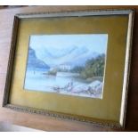 GEORGIE TUYNI A classical lakeland scene with figures and villa, a Watercolour, signed,