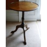 A 19TH CENTURY MAHOGANY SNAP-TOP WINE TABLE, having dished top on turned stem with arched tripod