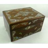 A 19TH CENTURY ROSEWOOD VANITY CASE, mother of pearl inlaid, decorated with birds, butterflies,