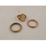 TWO 9CT GOLD WEDDING BANDS and a gold coloured metal mounted CAMEO RING