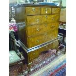 A PART MID 18TH CENTURY GEORGE II WALNUT AND HERRINGBONE CROSSBANDED CHEST ON LATER STAND, the upper