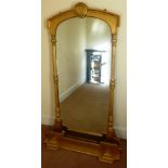 A 19TH CENTURY GILT FRAMED OVER MANTEL MIRROR, having moulded frame with cast mounts, 117cm wide x