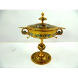 A CLASSICAL REVIVAL GILDED CHAMPLEVE LIDDED SHALLOW BOWL, the cover with knop, the bowl with applied