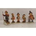 TWO LARGE HUMMEL FIGURES "Cello Player", "Skier" and THREE SMALL HUMMEL FIGURES (5)