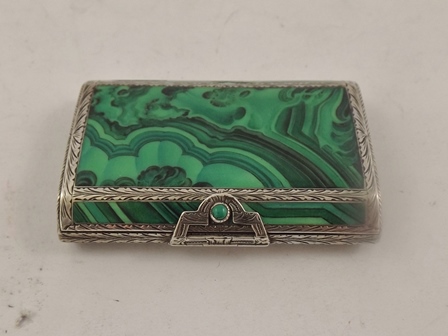 A 1920's/30's CIGARETTE CASE probably French, silver coloured metal and malachite mounted, having