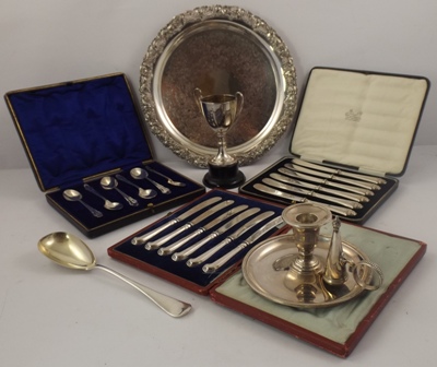 A SET OF SIX SILVER TEASPOONS, cased, together with two sets of six silver handled TEA KNIVES,