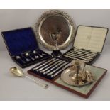 A SET OF SIX SILVER TEASPOONS, cased, together with two sets of six silver handled TEA KNIVES,