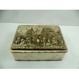 AN ELECTRO-PLATE ON COPPER RECTANGULAR TACK BOX, the lid repousse worked with scenes of revelry