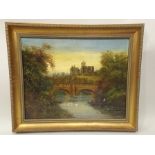 M** HICKEN Swans and fishermen on a punt before a castellated bridge with background castle, Oil