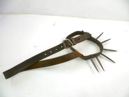 A PROBABLY 19TH CENTURY SPIKED LEATHER DOG COLLAR with restraining strap, each spike 7cm long