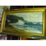 E*C*R* H*LUE Scottish Coastal Scene, waves breaking on the shore, Oil on canvas, indistinctly