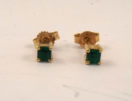 A PAIR OF POSSIBLE EMERALD SET STUD EARRINGS, in gold coloured metal setting - Image 2 of 2