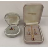 A 9CT GOLD SUITE, comprising pendant and a pair of drop earrings, each with diamond and amethyst,