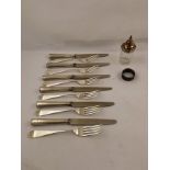 A SELECTION OF SILVER ITEMS comprising; six 19th century silver handled table knives with reeded