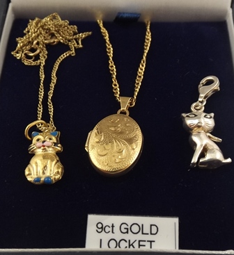 A 9CT GOLD AND ENAMEL PENDANT fashioned as a seated cat on chain, a 9ct LOCKET fashioned as a seated
