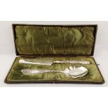 A PAIR OF VICTORIAN SILVER PLATED SERVERS in presentation case