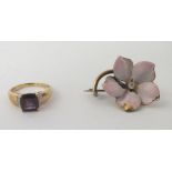 A 9CT GOLD DRESS RING set with treated amethyst and diamonds, size P, and a diamond and enamel