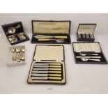 SIX PRESENTATION BOXES OF SILVER PLATED CUTLERY etc.