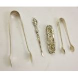 TWO PAIRS OF SMALL SILVER SUGAR TONGS, rat tail and Old English and shell pattern, a nail buffer and