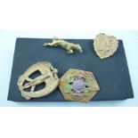 FOUR 1930's BROOCHES; greyhound, angel, heart and flowers