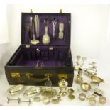 A TRAVELLING VANITY CASE containing a large selection of SILVER AND SILVER PLATED ITEMS including; a