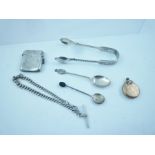 A COLLECTION OF SILVER ITEMS to include; a pair of Victorian silver sugar bow tongs, with bright cut