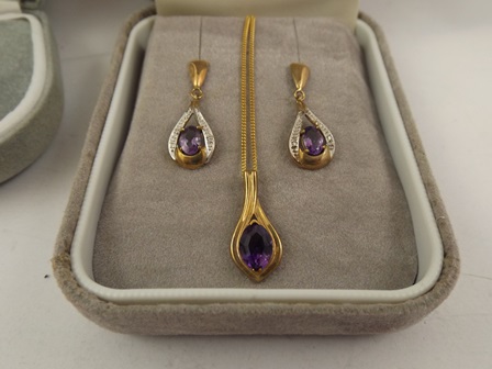 A 9CT GOLD SUITE, comprising pendant and a pair of drop earrings, each with diamond and amethyst, - Image 3 of 5