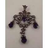 A VICTORIAN STYLE DIAMOND SEED PEARL & AMETHYST PENDANT ornate filigree work with leaf and bells