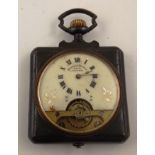 A "HEBDOMAS PATENT" LATE 19TH CENTURY POCKET WATCH, in a square steel case with suspension ring,