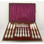 A SET OF SIX SILVER PLATED FISH KNIVES AND FORKS in a velvet and silk lined case, together with a "