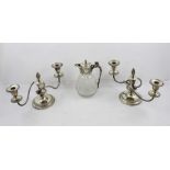 A PAIR OF MID 20TH CENTURY EPNS TWO-BRANCH CANDELABRUM, with gadroon sconces and loaded bases,