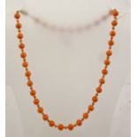 A UNIFORM CORAL BEAD NECKLET, knotted, 54cm long