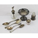 FOUR ASSORTED FOREIGN SILVER COLOURED METAL FIDDLE AND THREAD PATTERN SPOONS, a silver topped