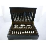 A SILVER PLATED CANTEEN OF CUTLERY for six place settings, in stained wood box with removable