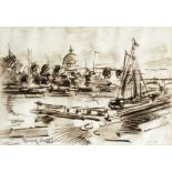 FRANK MYERS BOGGS (1855 - 1926) Framed, signed, charcoal sketch on paper, harbour scene showing