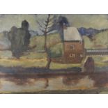 TROLLE. Framed, signed, dated 1973, Scandinavian oil on canvas, depicting a house and trees on river