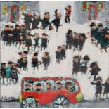 SUE ATKINSON (b. 1949) Framed, signed, oil on board, Contemporary composition, showing a red bus