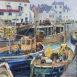 Circle of CLIFFORD HALL. Framed, bears name, oil on canvas, busy harbour scene with fisherman aboard