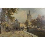 VELDHUYSEN. Framed, signed, 20th Century Dutch oil on canvas, canal scene with figures promenading