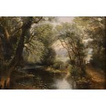 Framed, unsigned, oil on canvas, English School, three figures on pathway through woodland river