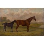 ALBERT CLARK. Unframed, signed, oil on canvas, English School, study of horse with foal, both with