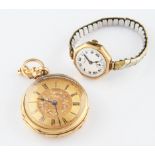 An 18ct yellow gold cased key wind pocket watch, the gold tone dial having hourly Roman numeral