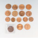 A group of fifteen copper coins, predominantly 20th Century to include; Victoria 1888 Jersey one